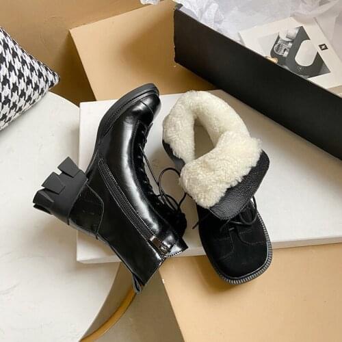 Wool Snow Boots Women Genuine Leather Round Toe Lace-Up Platform Winter Ladies Ankle Length Shoes Handmade
