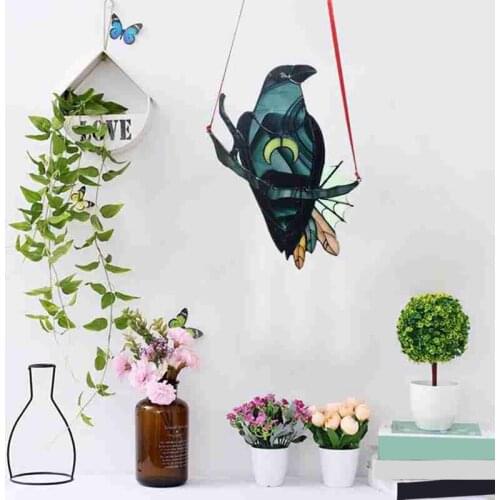 Crow Witch Stained Suncatcher Black Bird with Moon Necklace Decorative Window Wall Hanging Ornament for Home Decoration