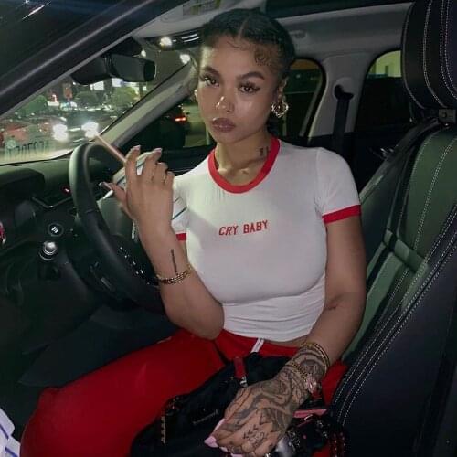 Womens summer 2021 new fashion casual sexy monogram print contrast color round collar crop crop slim T shirt top