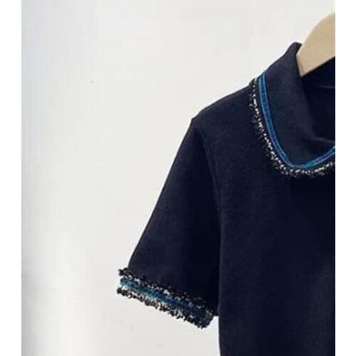 Maisie Women T-Shirt Polo Turndown Collar Solid Short Sleeve Summer Button Knitted Elegant High Street Chic Stunning M