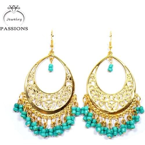 PASSIONS Bohemian Ethnic Earrings Maxi Brincos Colorful Long Drop Earrings Laser Retro Gold Plate Bead Tassel Earings For Women