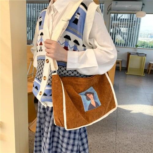 Ladies Canvas Corduroy Shoulder Bags Olde Worlde Look Women Messenger Bag Zipper Book Handbag Eco Soft Cloth Tote For Girls