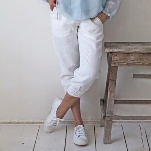 2021 White Women Cotton Pants Short Pants Capris Casual Loose Elastic Waist Female Plus Size Summer Calf-length Women Pants