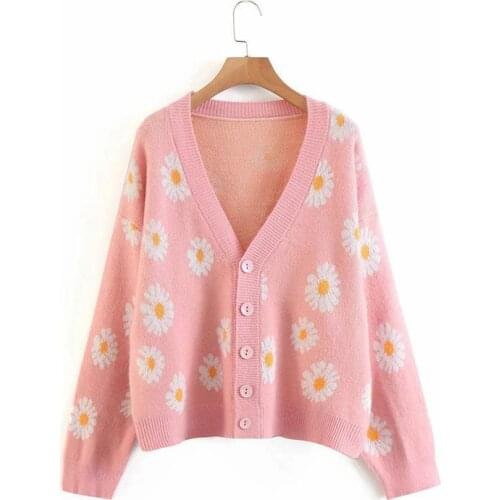 Autumn and winter new daisy jacquard V-neck sweater women long-sleeve knitted short coat female cardigan sweater women