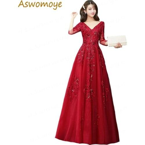 2019 New Spring Fashion Evening Dress Half Sleeve Wine Red Long Prom Party Dress Sexy V-neck Backless Appliques Formal Dresses