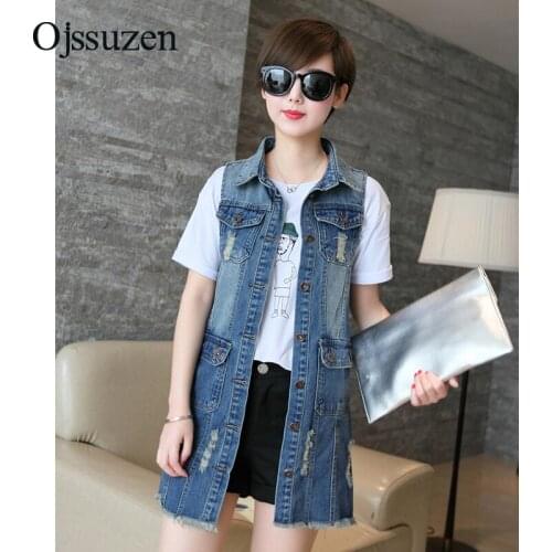 Ripped Denim Vests Women Jacket Sleeveless Outerwear Slim Long Washed Female Jeans Vest Woman With Pocket Blue