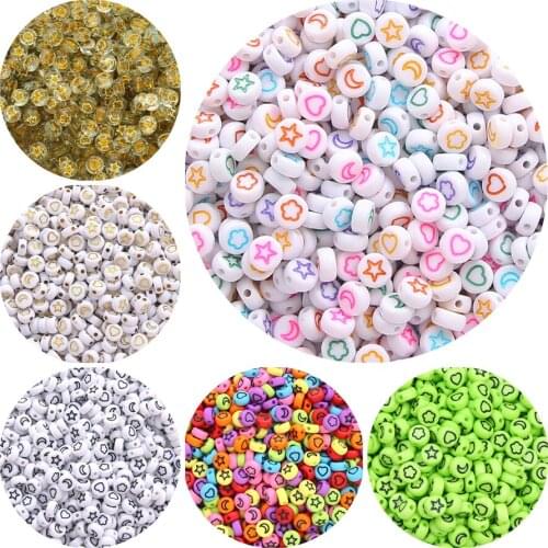 100pcs Mixed Heart Star Moon Acrylic Beads Round Flat Loose Spacer Beads for Jewelry Making Diy Bracelet Necklace Supplies 4*7mm
