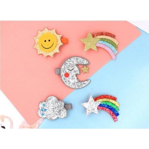 1000PCS Cute Moon Hair Clips Sparkly Sun Glitter Rainbow Felt Hairpin Girls Children Hair Accessories
