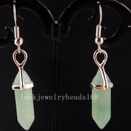 Free Shipping Women Fashion Jewelry Aventurine Hexagonal Reiki Chakra Beads Dangle Earrings Pair C4151