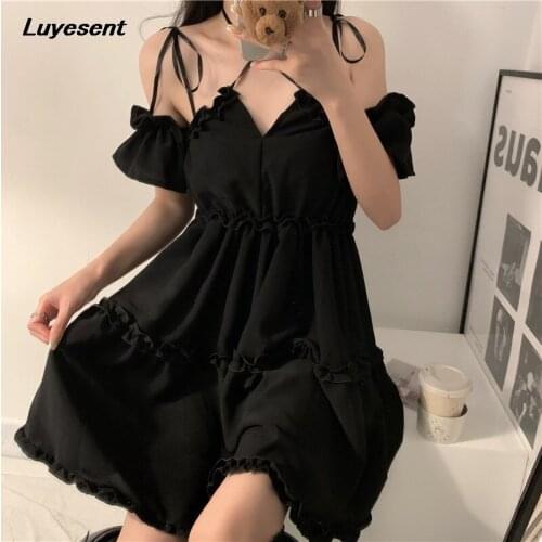 Black Gothic Empire Girl Sexy Dress Summer Off Shoulder Harajuku Halter Lady Mini Dresses Deep V Neck Hollow Out Backless Cloth
