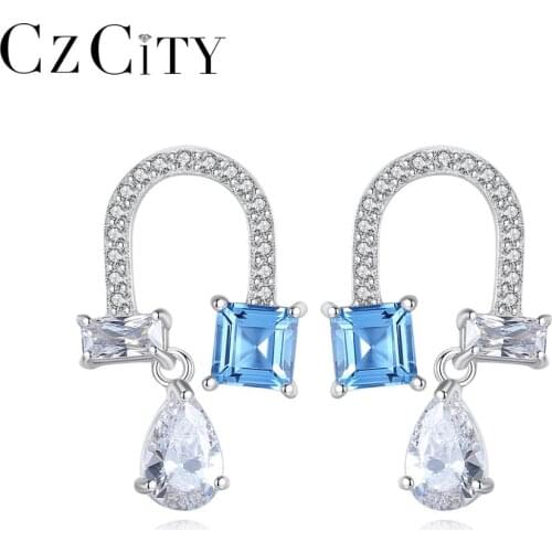 CZCITY Charming Stud Earrings for Women U-Shape 925 Sterling Silver Blue Clear CZ Stone Fine Jewelry Party Christmas Gift SE-414