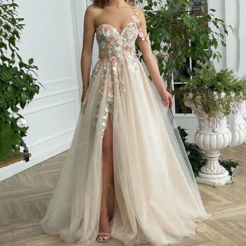 Elegant Dubai Prom Dress Flower Applique One Shoulder Party Dresses Long Split Evening Cocktail Celebrity Gowns 2021 Plus Size
