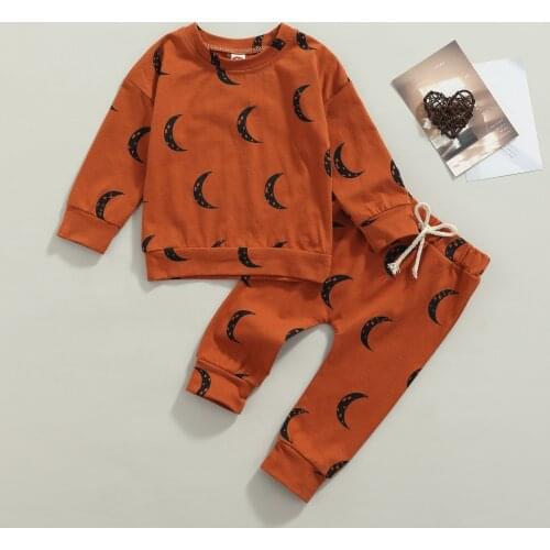 Newborn Baby Girls Boys Clothes Sets Moon Print Long Sleeve Sweatshirt Long Pants Outfits 0-24M