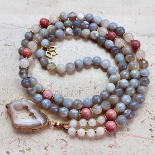 MN36796 Agate Rose Quartz 108 Mala Necklace Rhodonite Necklace Rose Quartz Necklace Yoga Jewelry Meditation Beads Yoga Gift