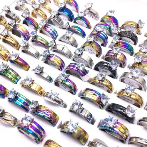 MixMax 10pcs/Lot Mens Womens Rings Stainless Steel Rings Hand Hand Inlay Big Zircon Stone Wedding Bands Jewelry Mixed Styles
