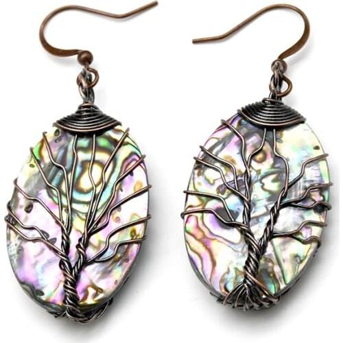 New Arrival Brass Wire Wrapped Tree Of life Hook Earrings Natural Abalone Shell Oval Shape Fashion Women Jewelry 10pairs