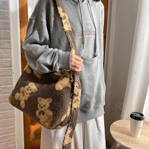 Casual Plush Shoulder Crossbody Bag Cute Bear Printed Handbag Women Street Totes Popular Simple Female Daily Bag