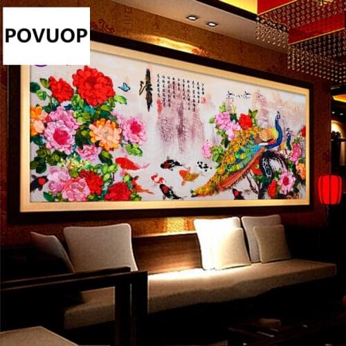 POVUOP 180X75CM new cross stitch 5d print ribbon embroidery blooping rich peacock peony large paintings