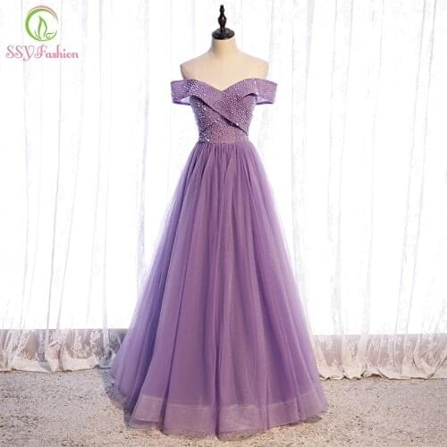 SSYFashhion new purple evening dress banquet elegant boat neck sequins beading a-line floor-length formal gowns vestidos
