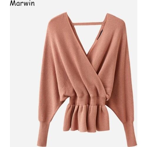 Marwin 2020 New-Coming V-Neck Thick Elegant Fashion Sweaters Warm Soft Ruched Female High Street Winter Sweaters