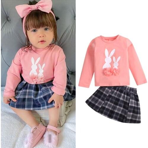 FOCUSNORM 0-6Y Lovely Baby Girls Autumn Clothes Sets 2pcs Rabbit Printed Long Sleeve Sweatshirt Tops Plaid A-Line Skirts