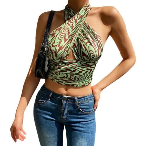 Womens Criss Cross Halter Tops, Sexy Sleeveless Abstract Striped Print Cutout Crop Tops Vacation Outfits Slim Sexy Streetwear