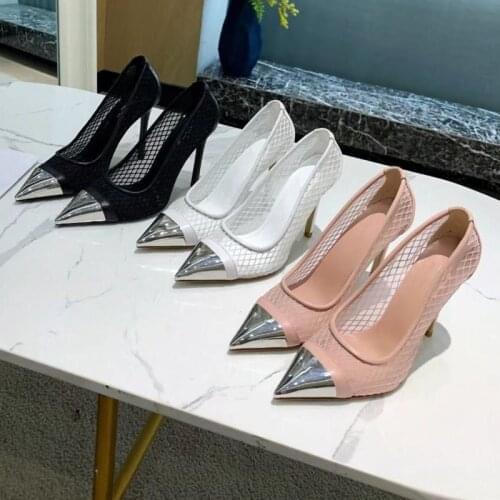 Sexy High Heels Mesh Design Pumps for Women Mesh Genuine Leather Patchwork Slip New Design Luxury Brand Shoes for Women Fashion