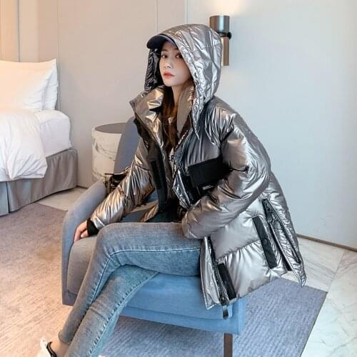 2020 Women Medium Long Winter Jacket Glossy Letter Placket Hooded Down Parker Oversize Cotton Padded Coat Casaco Feminino Mujer