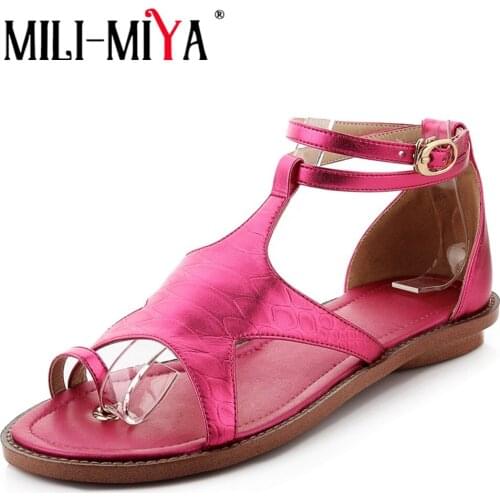 MILI-MIYA Gladiator Women Sandals Cow Leather Low Heels Round Toe Cover Heels Buckle Strap Casual Shoes Large Size 34-40