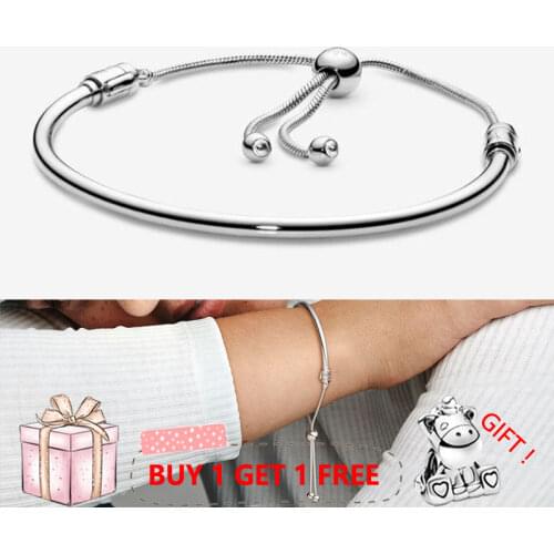 Original 925 Sterling Silver Pan Bracelet Classic Silver Self Adjusting Sliding Bracelet Fit European Charm Bracelets Jewelry
