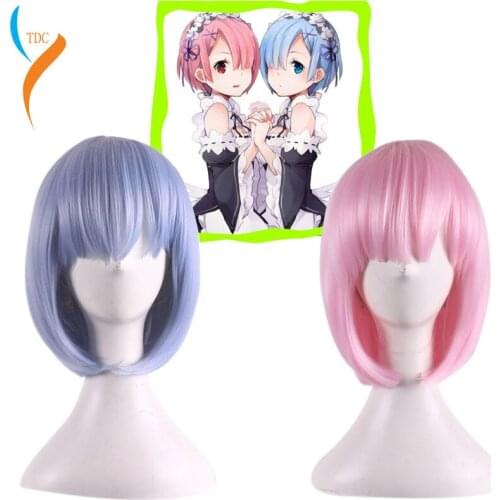 Life In A Different World From Zero Graduated Ram Rem Cosplay Wig for Women Short Straight Pink Blue Anime Wig+Wig Cap
