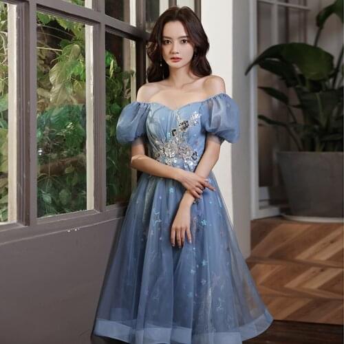 Elegant Boat Neck Evening Dress Sequins Appliques Backless A-Line Short Sleeves Pleat Tea-Length Woman Formal Party Gowns A1434