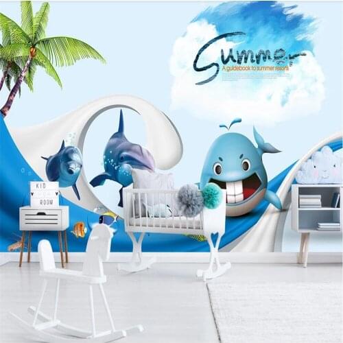 Milofi custom 3D wallpaper mural small fresh 3d underwater world dolphin whale background wall decoration painting wallpaper