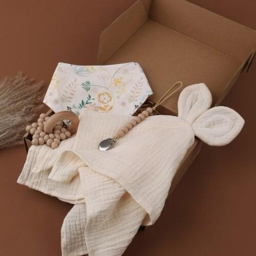 4 Pcs Baby Birthday Gift Beech Wooden Teether Suit Toys Baby Cotton Bib Soothe Appease Towel Kids Products With Box Set