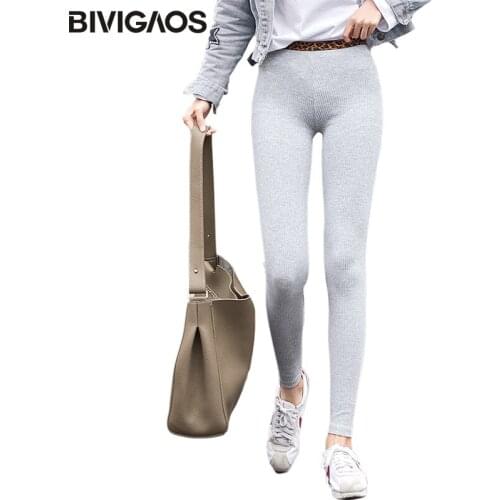 BIVIGAOS 2019 New Spring Korean Leopard Waist Threaded Cotton Leggings Women Workout Leggings Elastic Thin Skinny Pencil Pants