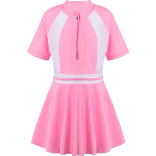 Kids Children Swimsuit Bathing Suit Beachwear Basic Short Sleeve Leotard Bodysuit with A Line Skirt Schoolgirl Uniform Swimwear