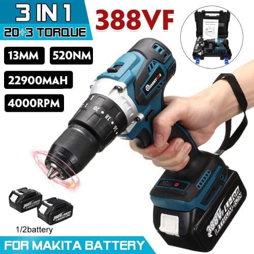 3 IN 1 388VF 13mm Brushless Electric Drill Screwdriver Rechargeable Cordless Impact Drill Hammer for Makita 18V Battery