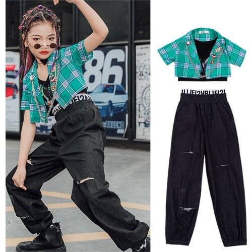 Girls Plaid Short Coat Ripped Pants Street Dance Set Ballroom Dance Performance Clothes Kid Fashion Cool Hip Hop Clothing XS1239