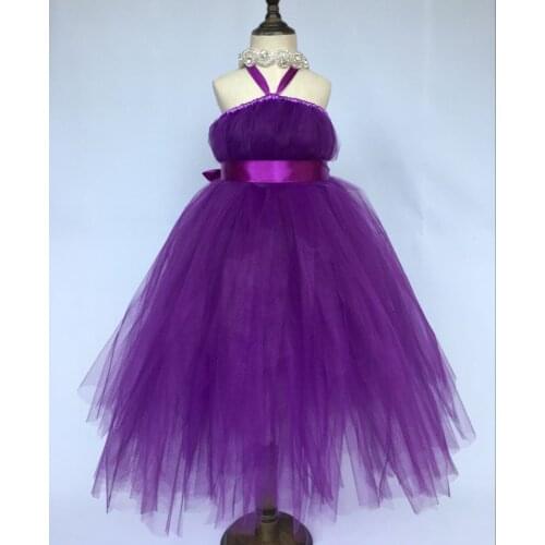 Hot Girls Purple Long Tutu Dress Kids Fluffy Vintage Dress Ball Gown with Ribbon Bow and Headband Children Party Princess Dress