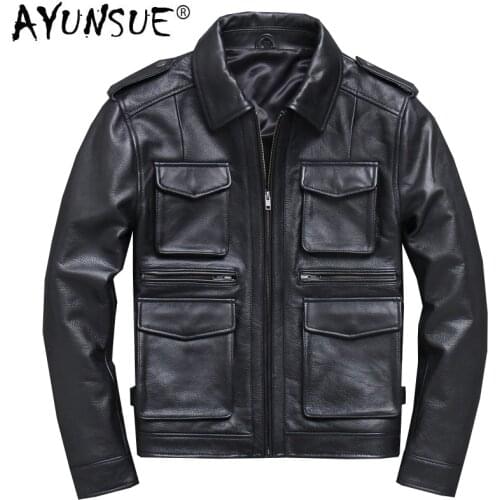 AYUNSUE Genuine Cow Leather Jacket Men Plus Size Coat Spring Autumn Real Cowhide Leather Jacket Veste Cuir Homme HL765A-N KJ1926