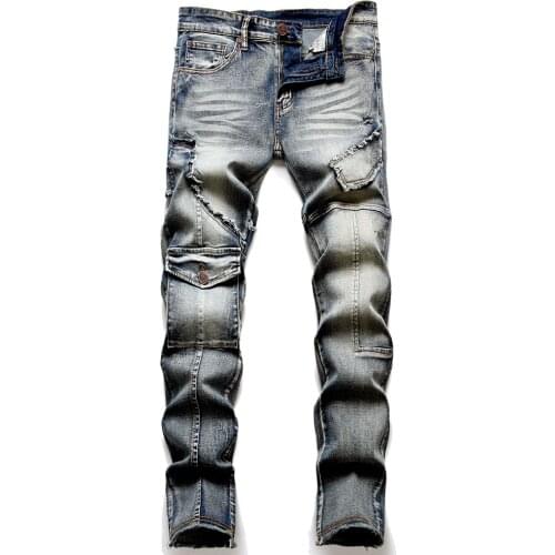Mens Pockets Cargo Stretch Denim Jeans Trendy Patchwork Fringe Slim Straight Pants Vintage Retro Trousers