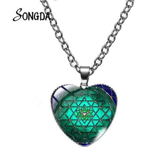 Newest Fashion Sri Yantra Mandala Sacred Geometry Heart Pendant Necklaces Choker For Women Om Meditate Long Chain Jewelry Gifts