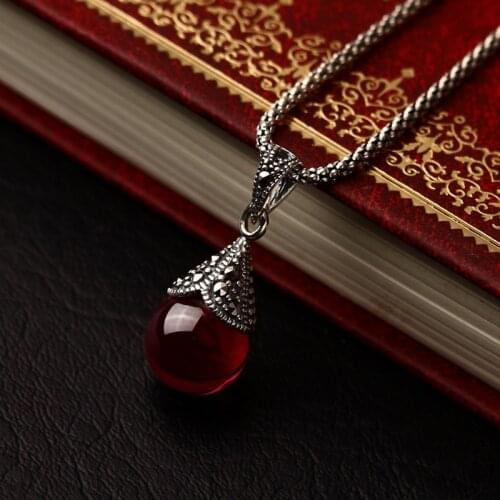 2017 new 925 Silver Fashion Natural semi-precious stones Red corundum Pendant Retro red Necklace Women jewelry with box gift