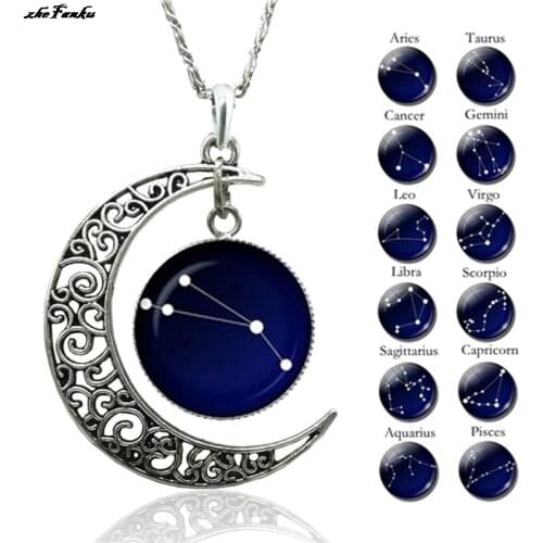 12 Constellation Necklace Cabochon Glass Crescent Moon Pendant Clavicle Chain Necklace Birthday Gifts For Women