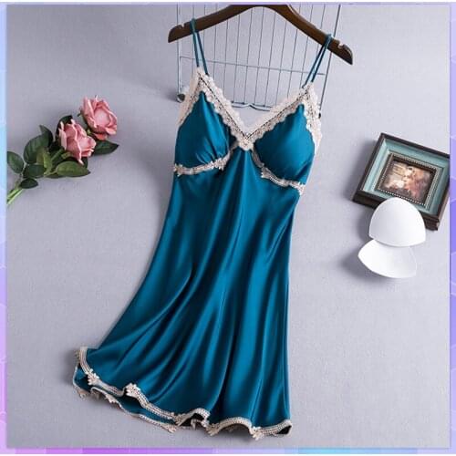 Sexy Lace Nightdress Female Summer Thin Sleepwear With Chest Pad Ice Silk Dresses Korean Style Nightgown Temptation Home Clothes