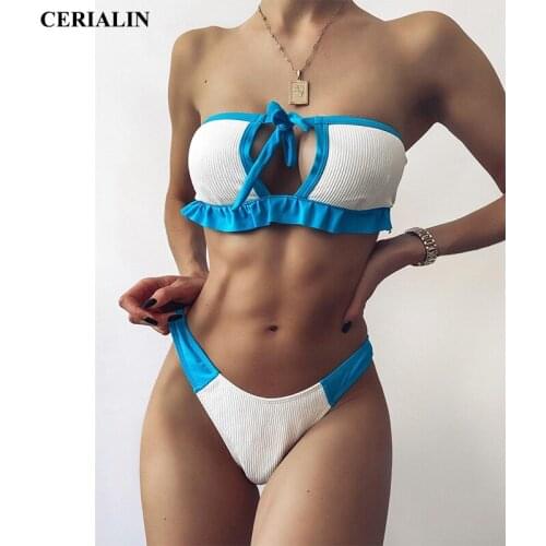 Cerialin Sexy Bikini Set Bandeau Split Swimsuit Female Swimwear Women Bathing Suit Stitching Bandage Low Waist Swimming Beach