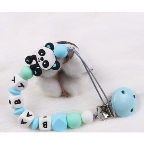 Hand Made DIY Personalized Name Baby Pacifier Clip Chain Food Grade Silicone Panda Beads Newborn Wooden Holder Toy Gift