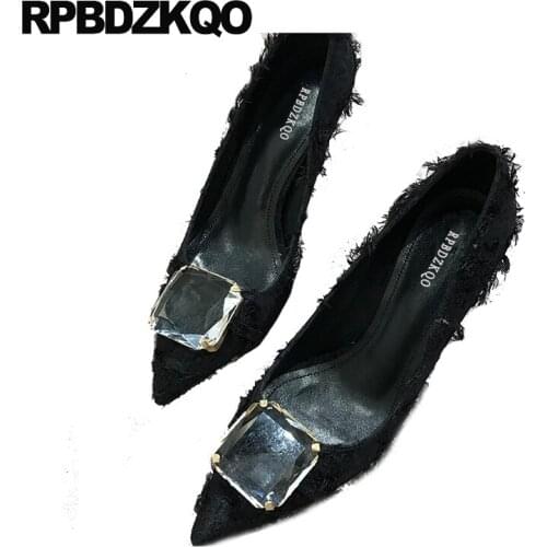 Pointed toe 8cm scarpin crystal luxury lavender wedding shoes high heels rhinestone diamond pumps black european women thin