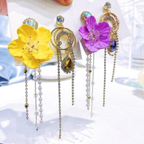 Korean Fashion Asymmetric Pearl Moon Long Tassel Rhinestone Drop Earrings For Women Elegant Lace Brincos Jewelry Gift
