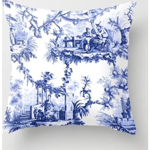 Blue Chinoiserie Toile Cushion Cover Decorative Pillow Cover Case Seat Car Home Decor Throw Pillowcase Decoration